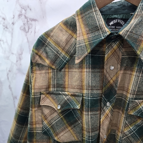 West Wool Shirt Mens XL Long Yellow Green 70s Pearl Snap Plaid Western Point - Picture 2 of 12